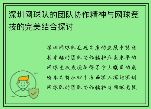 深圳网球队的团队协作精神与网球竞技的完美结合探讨
