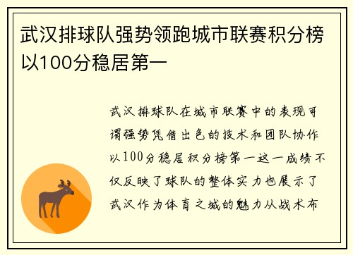 武汉排球队强势领跑城市联赛积分榜以100分稳居第一
