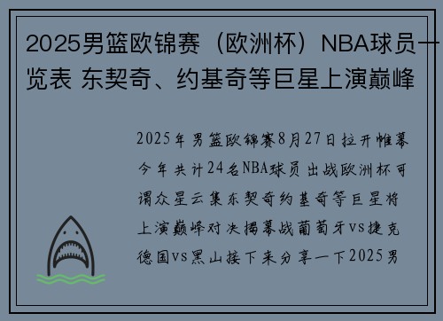 2025男篮欧锦赛（欧洲杯）NBA球员一览表 东契奇、约基奇等巨星上演巅峰对决！